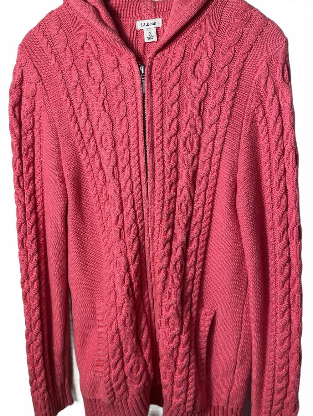LL Bean Womens Sweater Size Small Pink Coral Cotton Cable Knit Hooded Zip Up